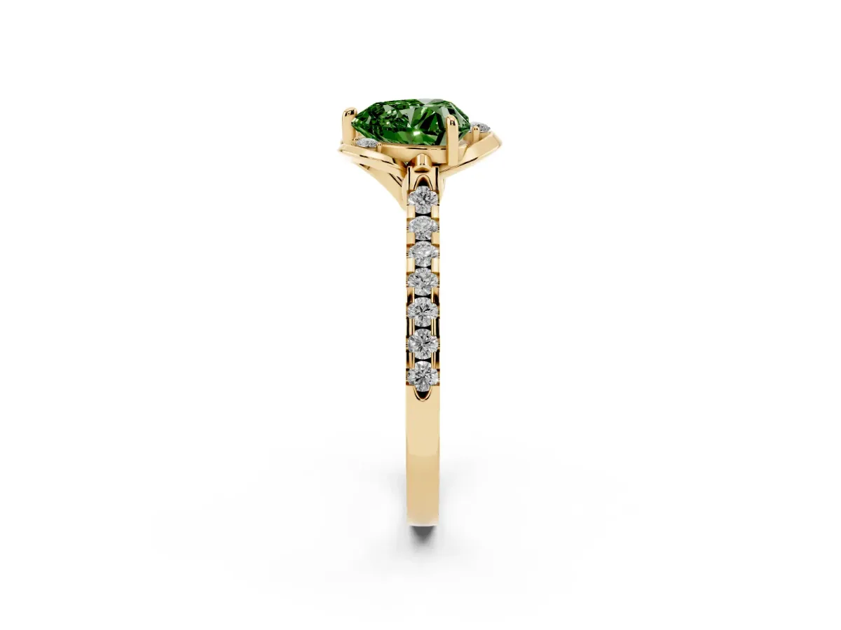 Fancy Green Heart Cut Diamond Ring with Pavé Band and Floral Prong Setting Yellow gold