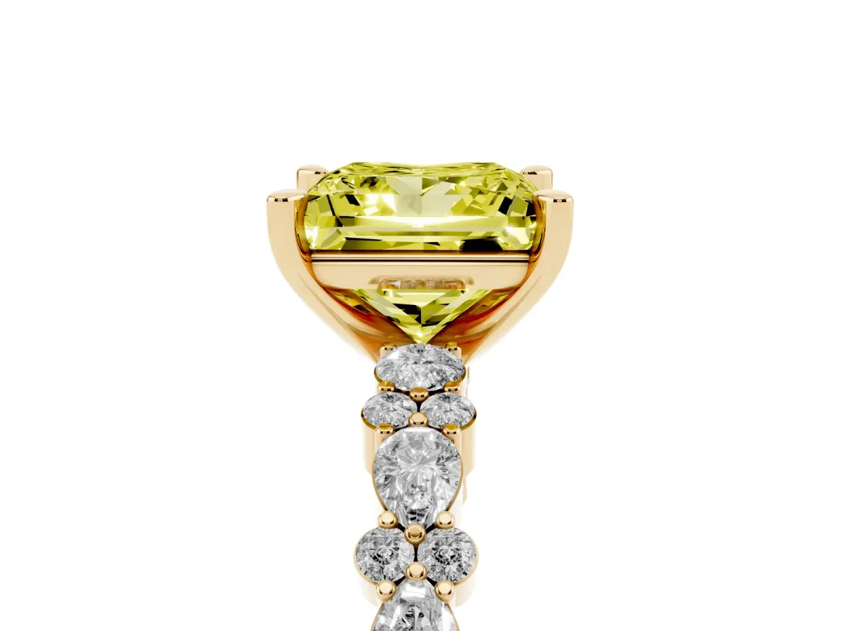 Fancy Yellow Princess Cut Diamond Side Stone Solitaire Ring with Round and Four-Prong Setting Yellow gold