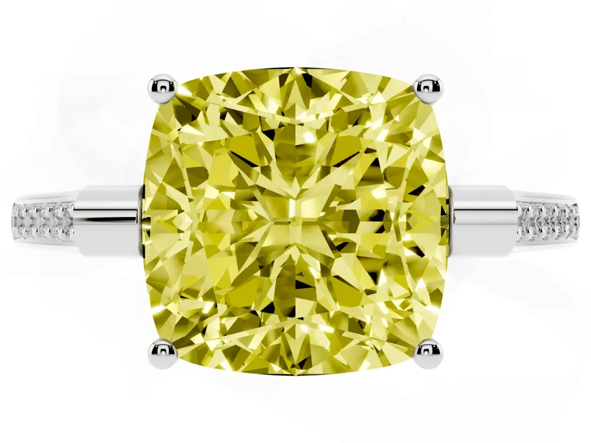 Fancy Yellow Cushion Cut Solitaire Diamond Ring with Channel Set Band and Bezel Prong Setting Silver