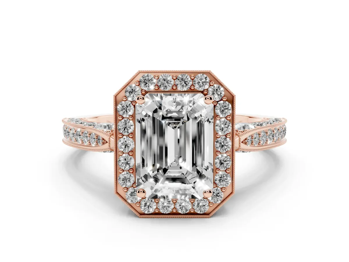 Emerald Cut Halo Diamond Engagement Ring with Split Shank Band and Four-Prong Setting Rose gold