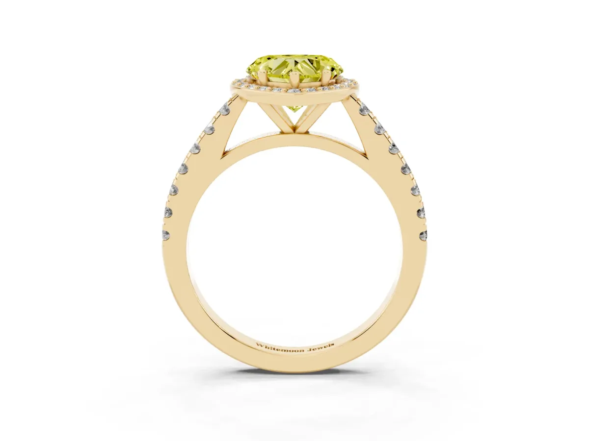Fancy Yellow Heart Cut Cut Halo Diamond Engagement Ring with Pave Band and Four-Prong Setting Yellow gold