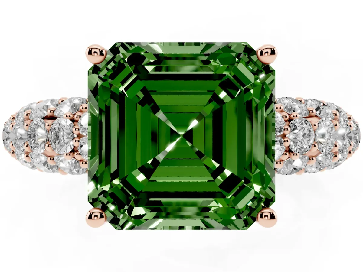 Fancy Green Asscher Cut Diamond Pavé Band Solitaire Ring with Four-Prong Setting Rose gold