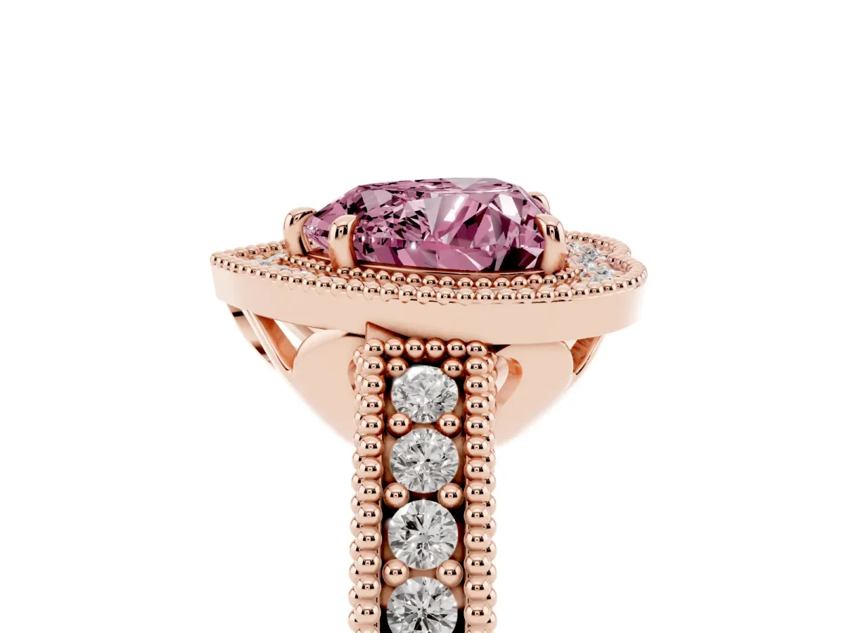 Fancy Pink Heart Cut Cut Halo Diamond Ring with Pavé Band and Four-Prong Setting Rose gold