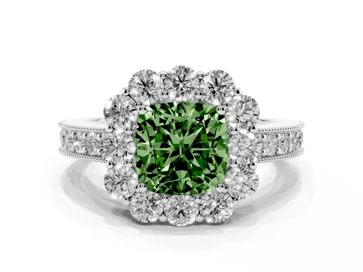 Fancy Green Cushion Cut Cut Halo Diamond Pavé Engagement Ring with Milgrain Detailing Silver