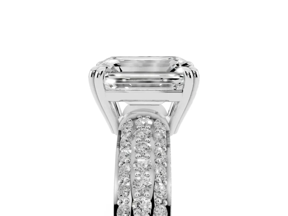 Emerald Cut Diamond Solitaire Ring with Multi-Row Round Pavé Band and Prong Setting Silver