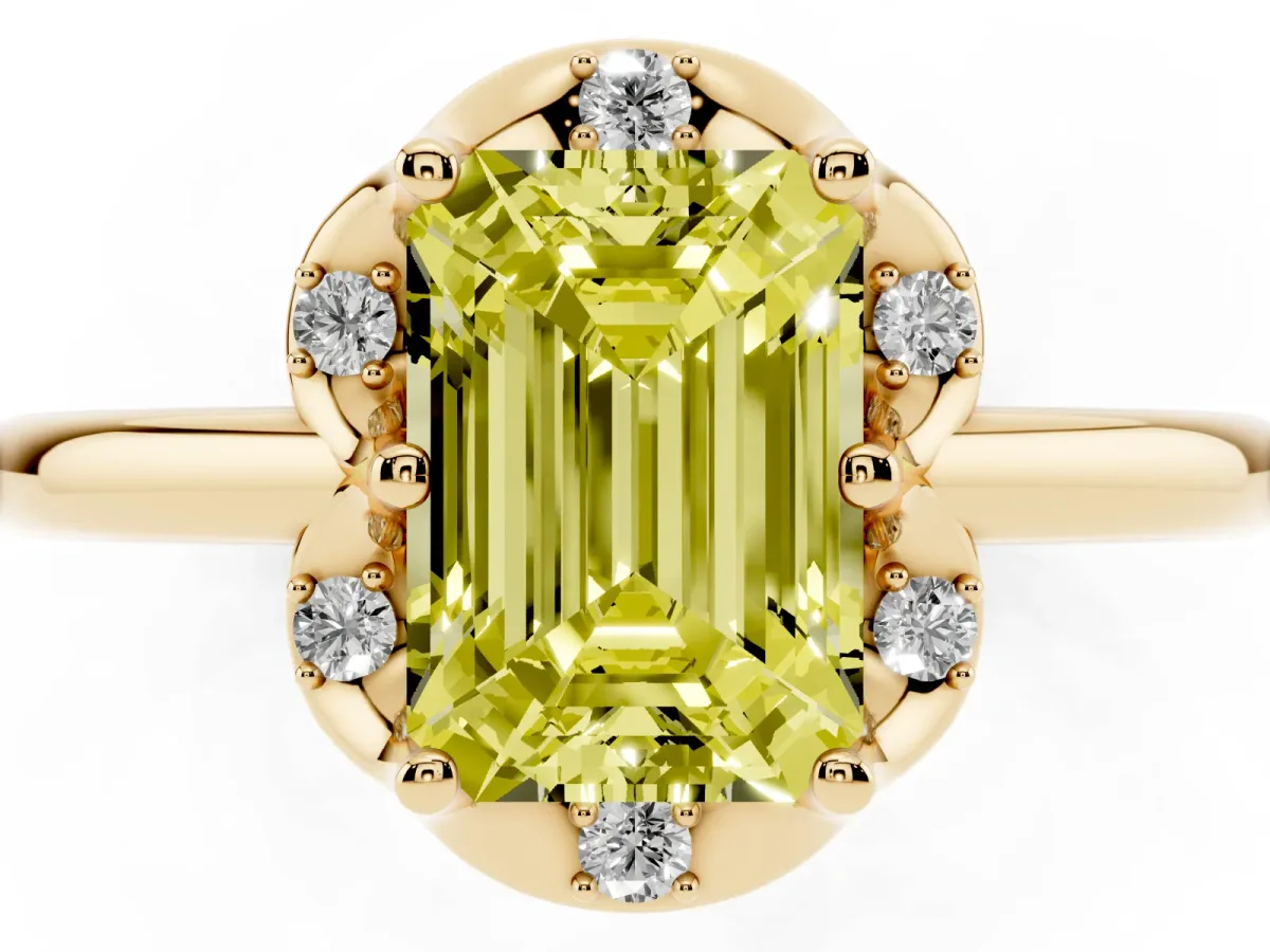 Fancy Yellow Emerald Cut Halo Diamond Ring with Round Cluster Setting, Solitaire Band, and Four-Prong Setting Yellow gold