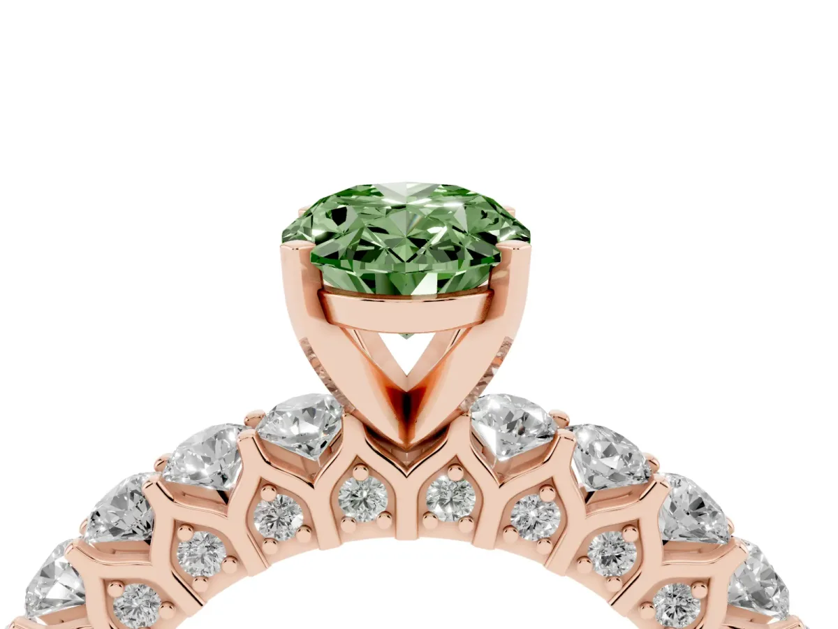 Fancy Green Oval Cut Diamond Solitaire Ring with Shared Prong Pavé Band and Four-Prong Setting Rose gold