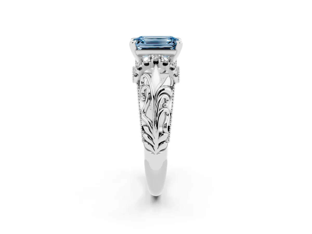 Fancy Blue Emerald Cut Solitaire Filigree Engagement Ring with Halo and Prong Setting White gold