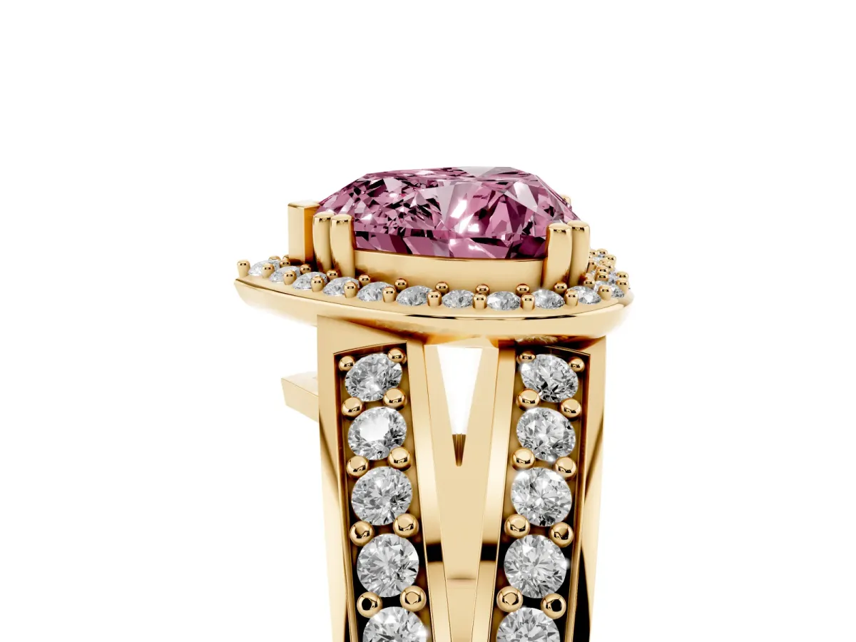 Fancy Pink Heart Cut Diamond Halo Ring with Split Shank Pavé Band and Four-Prong Setting Yellow gold