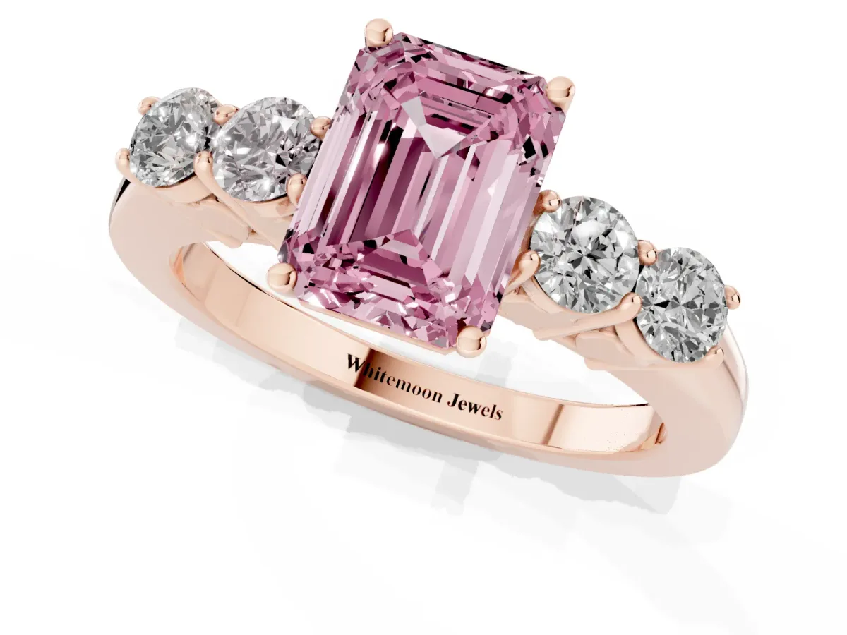 Fancy Pink Emerald Cut Cut Diamond Five-Stone Prong Set White Gold Ring Rose gold