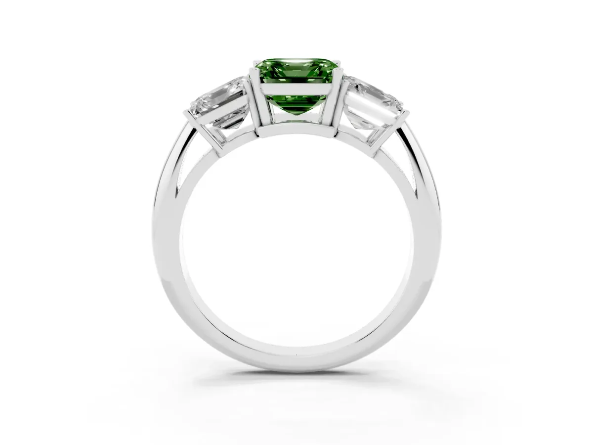 Fancy Green Three-Stone Asscher Cut Cut Diamond Engagement Ring with Prong Setting on a White Gold Band White gold