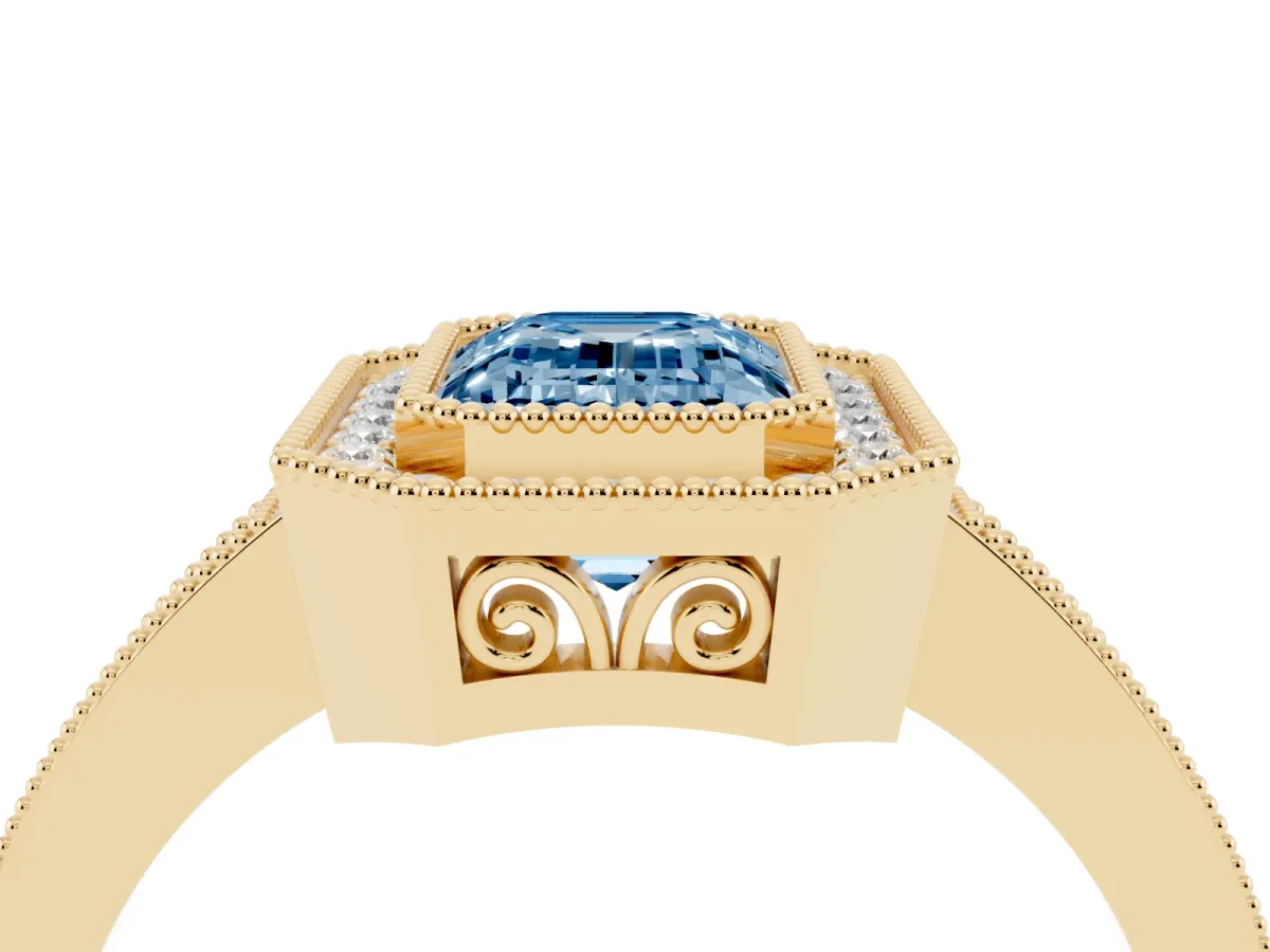 Fancy Blue Emerald Cut Cut Halo Diamond Ring with Pavé Band and Milgrain Prong Setting Yellow gold