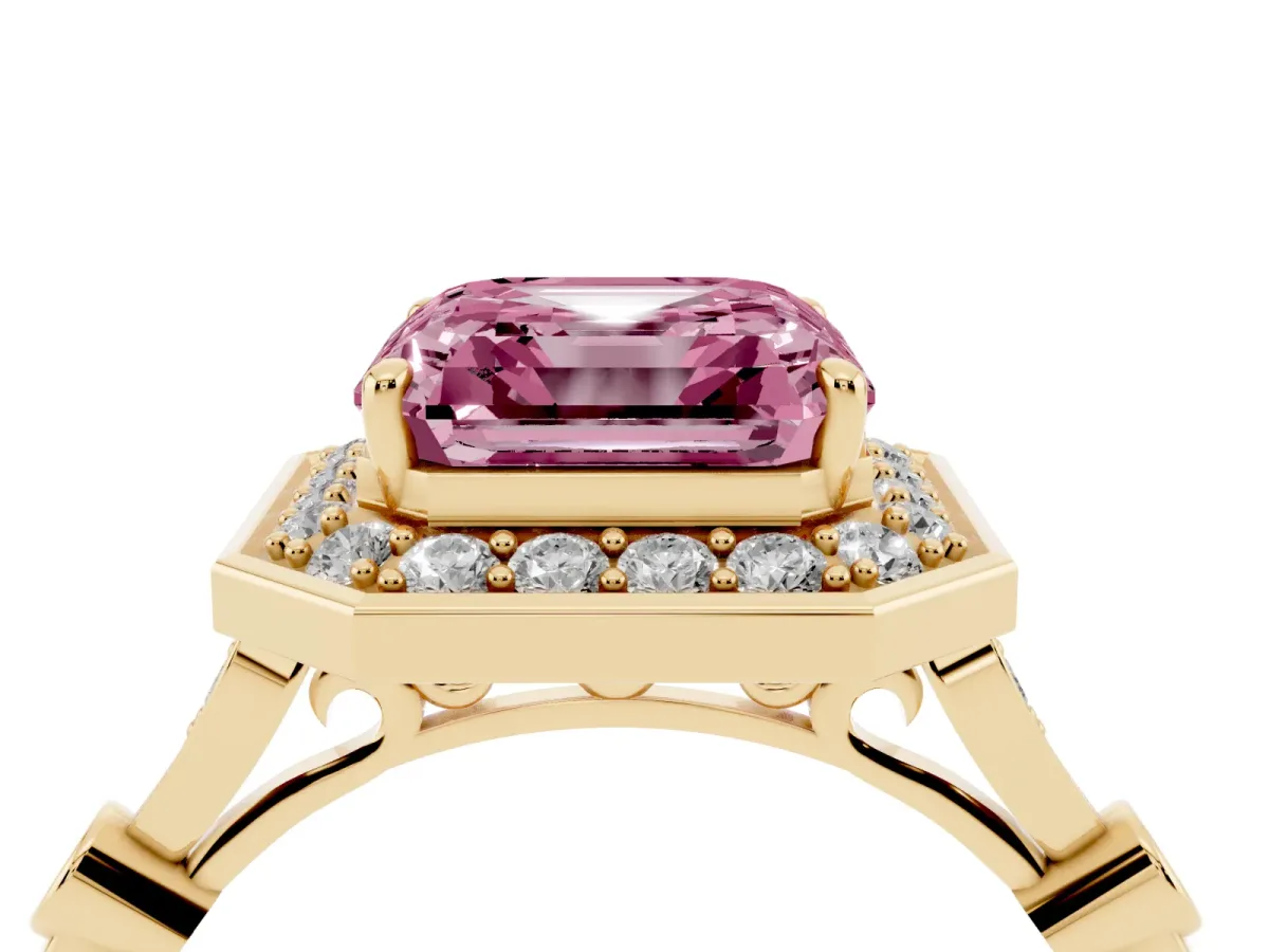 Fancy Pink Asscher Cut Halo Diamond Engagement Ring with Twisted Band and Four-Prong Setting Yellow gold