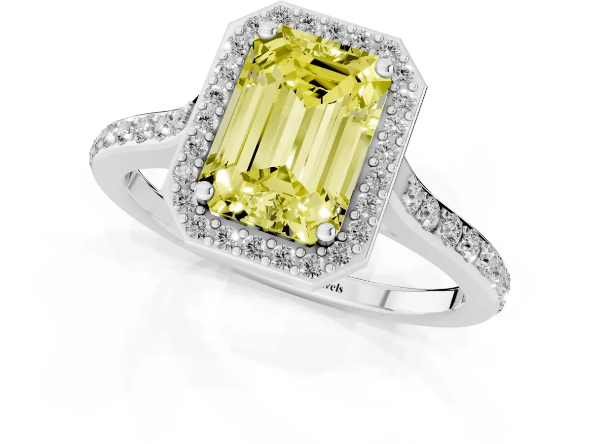 Fancy Yellow Emerald Cut Diamond Halo Engagement Ring with Round Pavé Shoulders and Prong Setting White gold