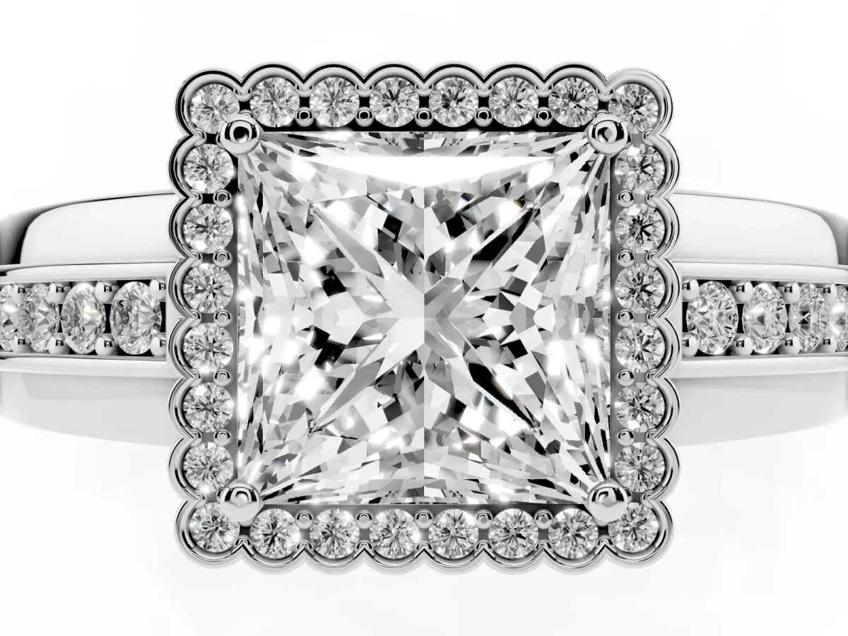 Princess Cut Cut Halo Pave Band Four-Prong Ring Silver