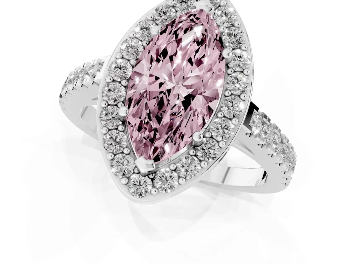 Fancy Pink Marquise Cut Diamond Halo Ring with Round Pavé Split Shank and Prong Setting Silver