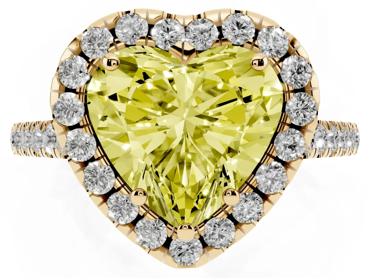 Fancy Yellow Heart Cut Halo Pavé Diamond Engagement Ring with Four-Prong Setting Yellow gold