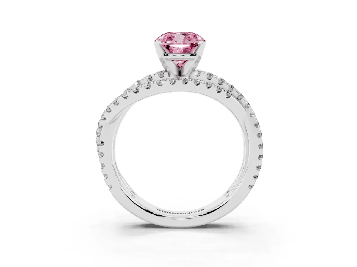 Fancy Pink Cushion Cut Solitaire Twist Band with Pavé Setting and Four-Prong Setting Silver