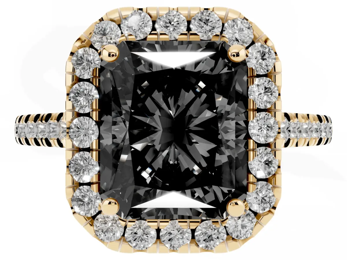 Fancy Black Radiant Cut Diamond Cushion Halo Ring with Pavé Band Yellow gold