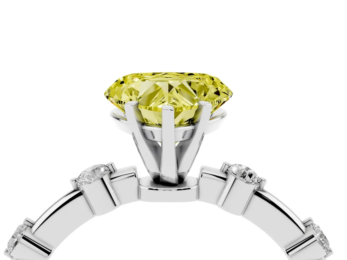 Fancy Yellow Heart Cut Solitaire Diamond Ring with Bezel Set Side Stones and Prong Setting Platinum