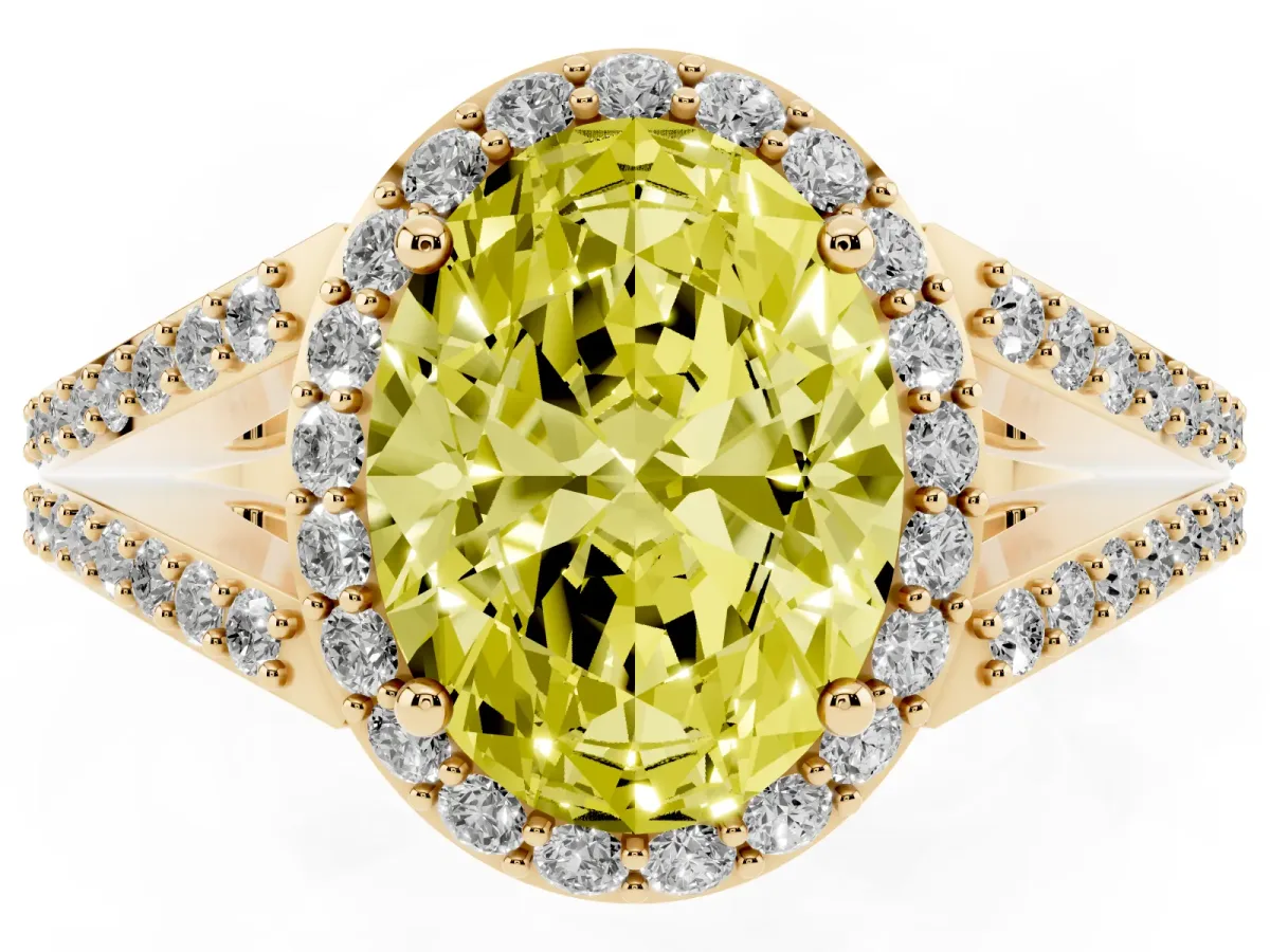 Fancy Yellow Oval Cut Halo Split Shank Pave Diamond Ring with Four-Prong Setting Yellow gold