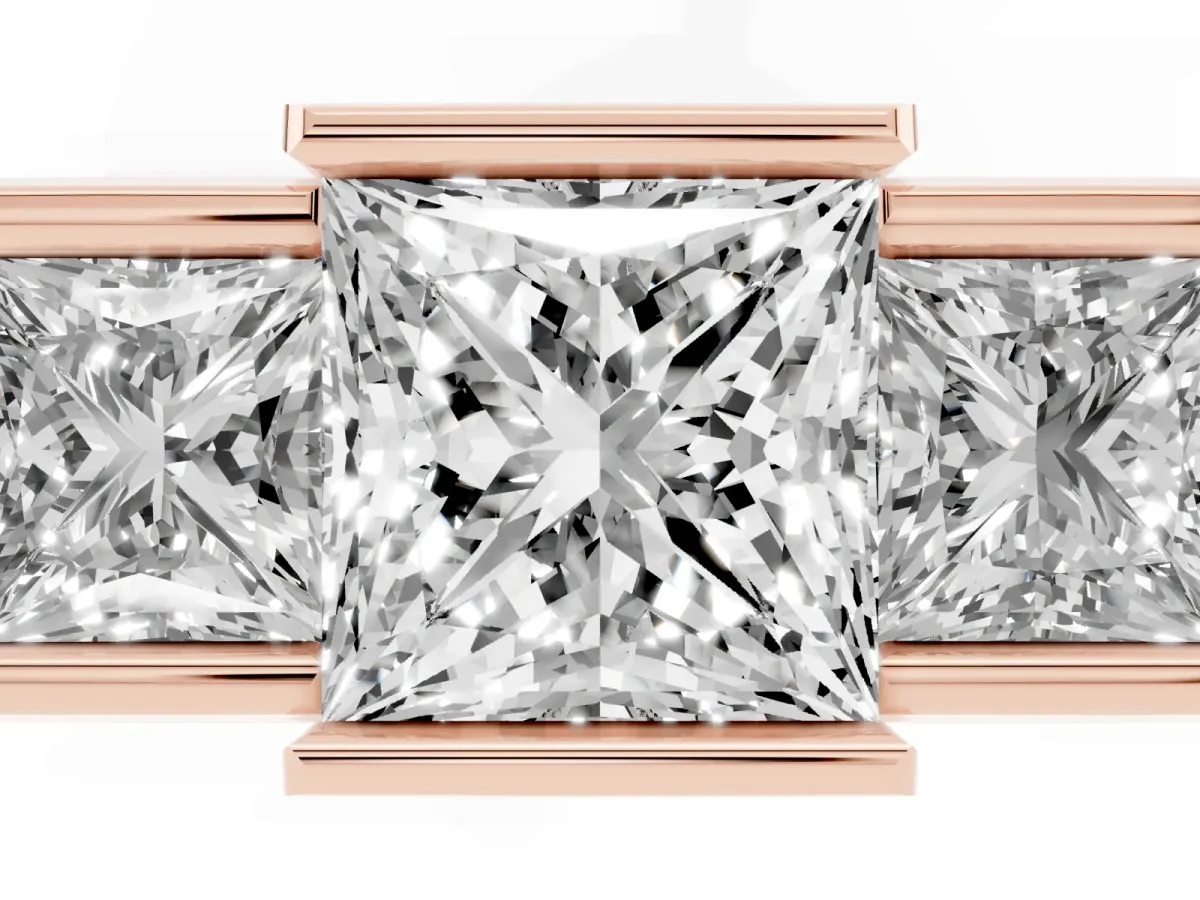 Three Stone Princess Cut Cut Channel Set Diamond Ring Rose gold