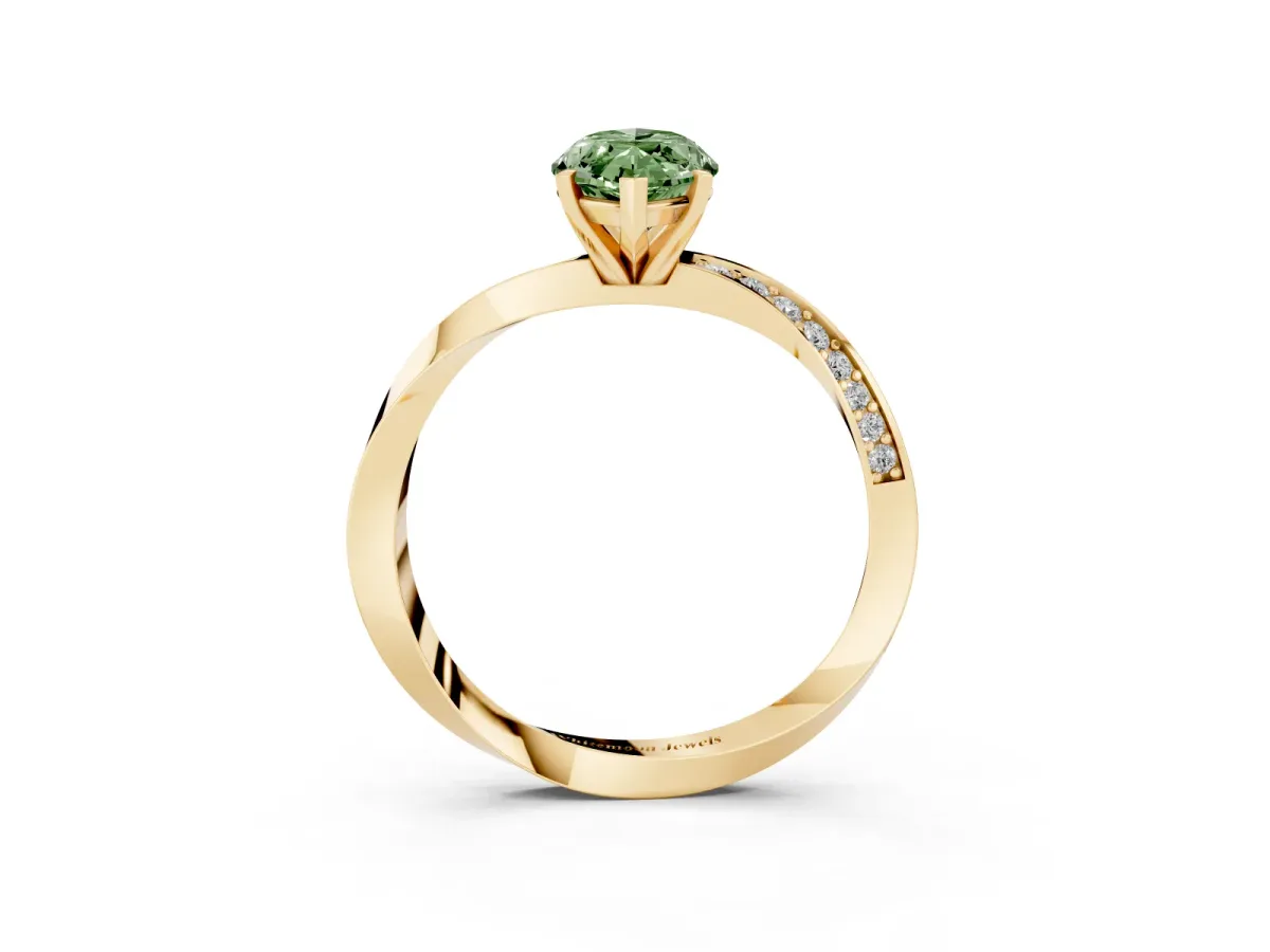 Fancy Green Marquise Cut Diamond Engagement Ring with Side Stone Accents and Four-Prong Setting Yellow gold