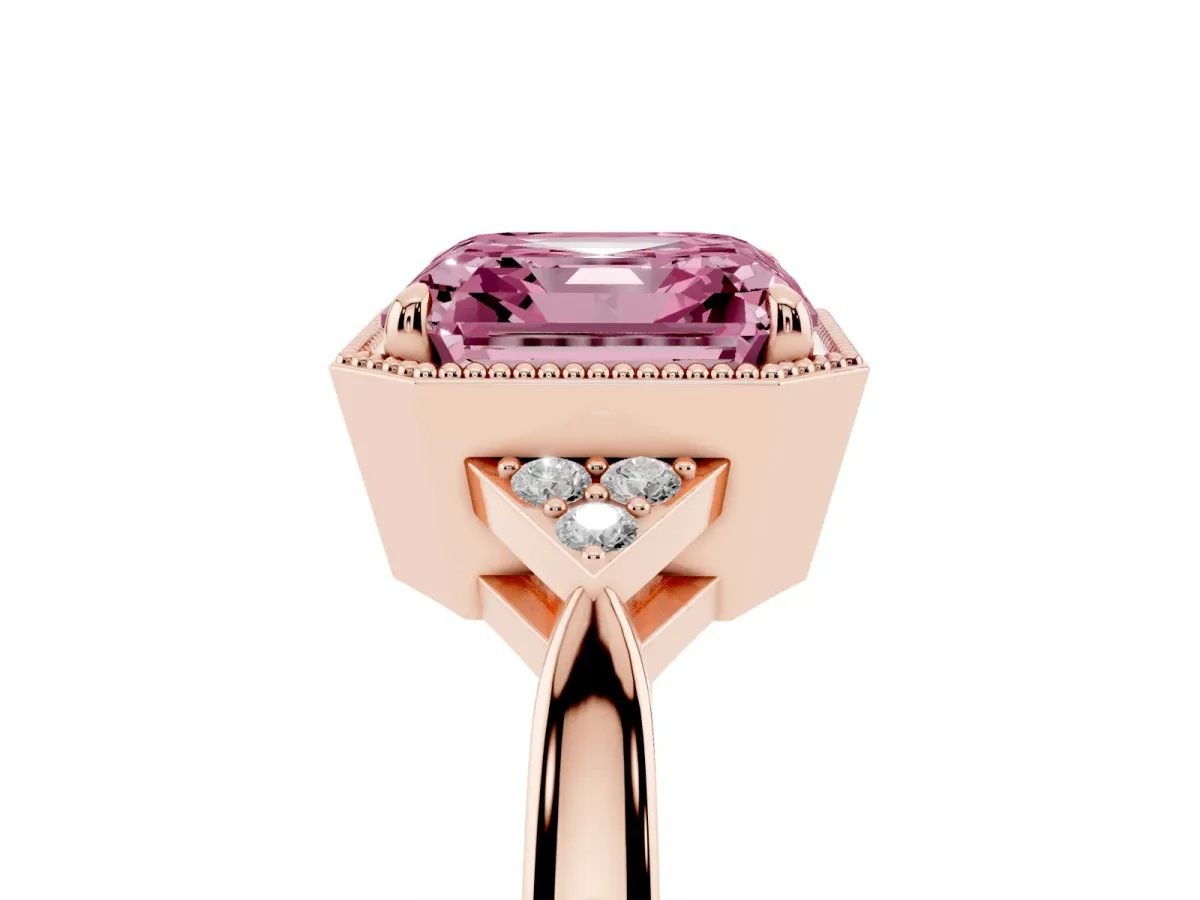 Fancy Pink Milgrain Asscher Cut Cut Diamond Ring with Tapered Pave Band and Four Prong Setting Rose gold