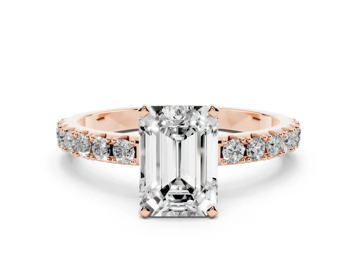Emerald Cut Diamond Solitaire Pavé Band with Four-Prong Setting Rose gold