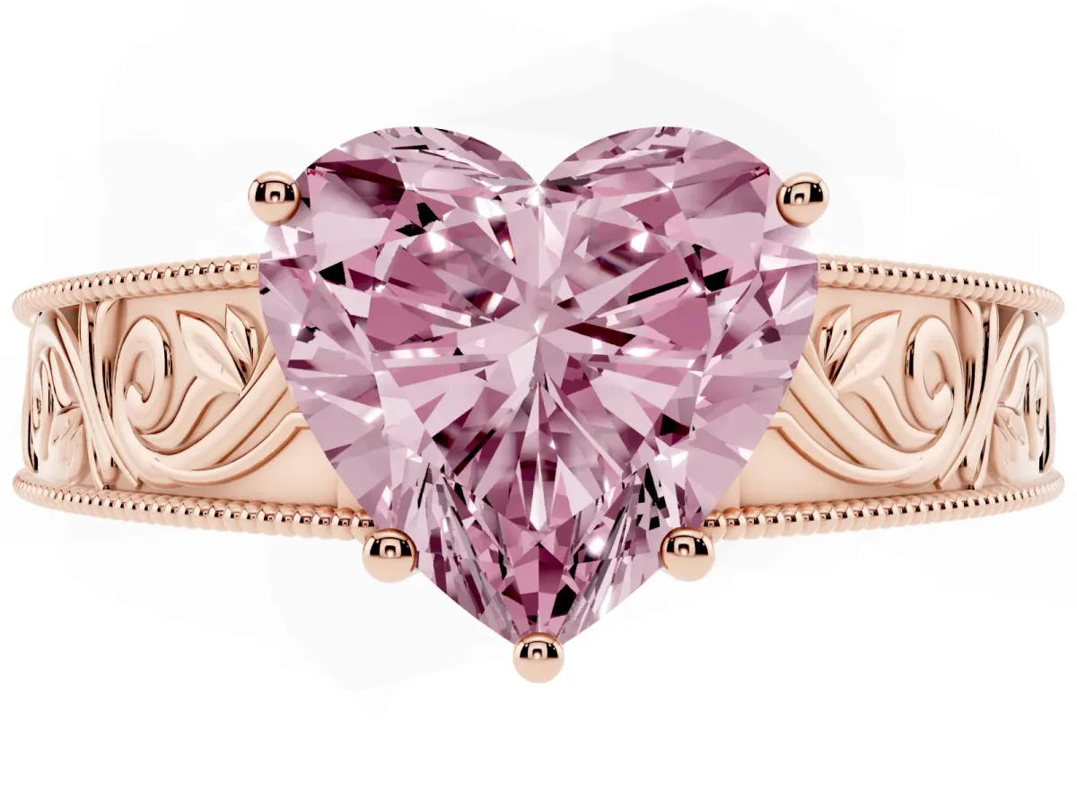 Fancy Pink Heart Cut Diamond Solitaire Ring with Engraved Band and Four-Prong Setting Rose gold