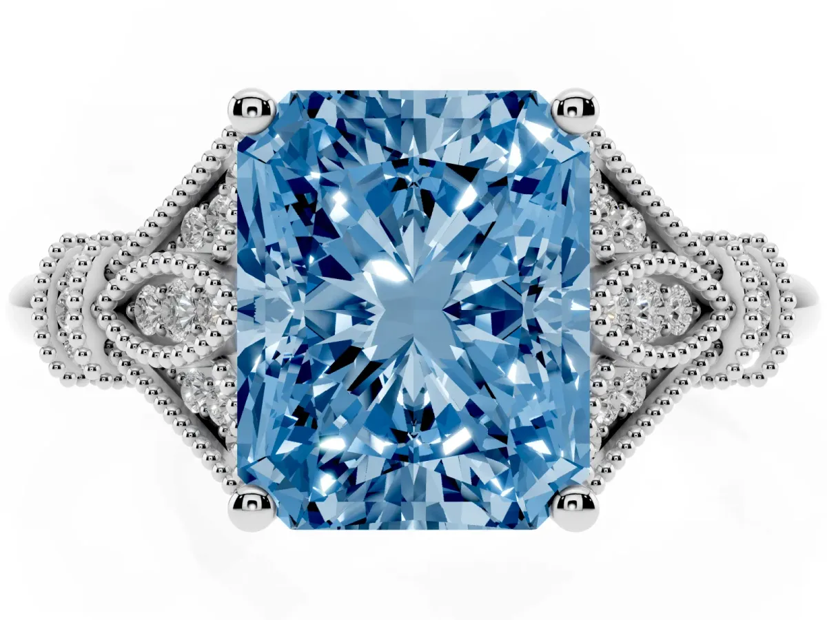 Fancy Blue Radiant Cut Diamond Solitaire Ring with Floral Filigree and Pave Accents White gold