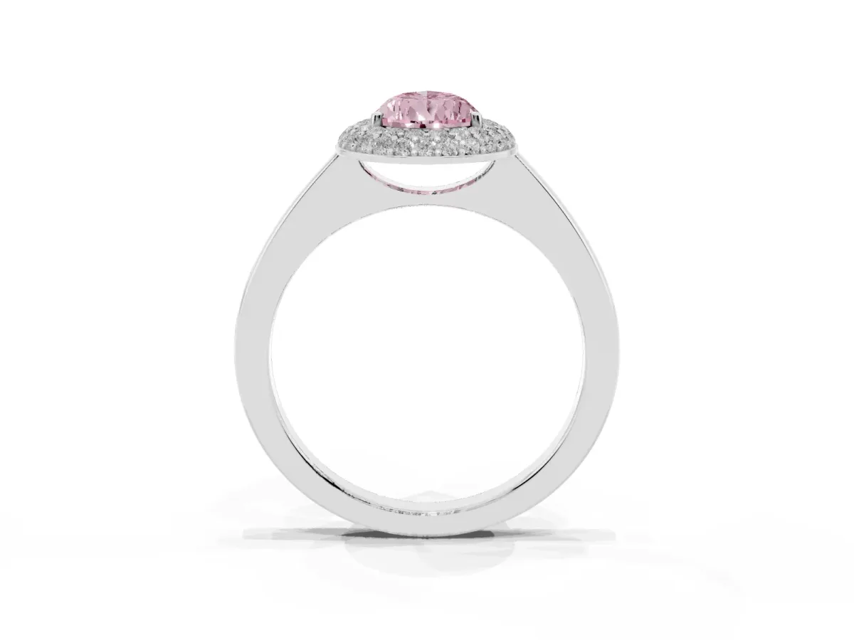 Fancy Pink Pear Cut Halo Diamond Engagement Ring with Solitaire Band and Four-Prong Setting White gold