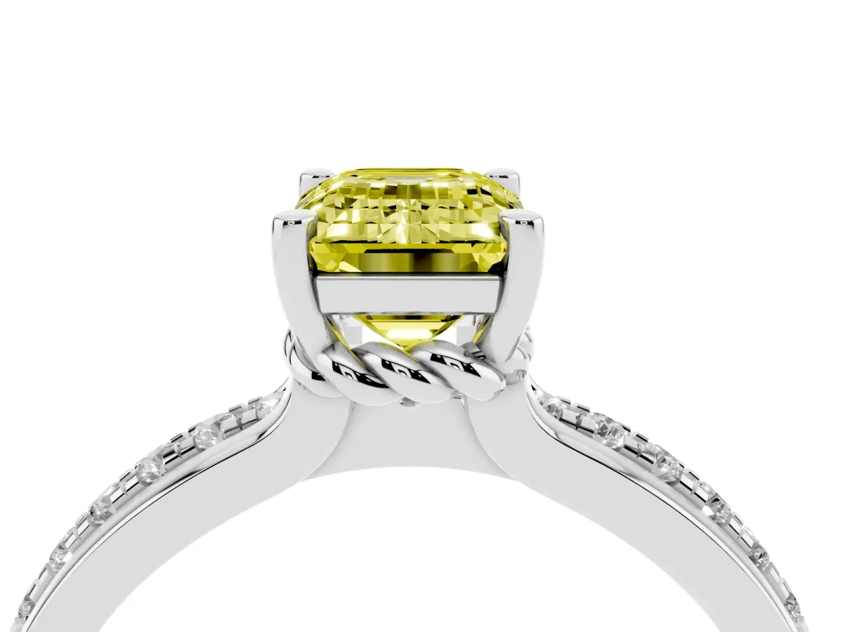Fancy Yellow Emerald Cut Solitaire Diamond Ring with Channel Set Band and Six-Prong Setting Silver