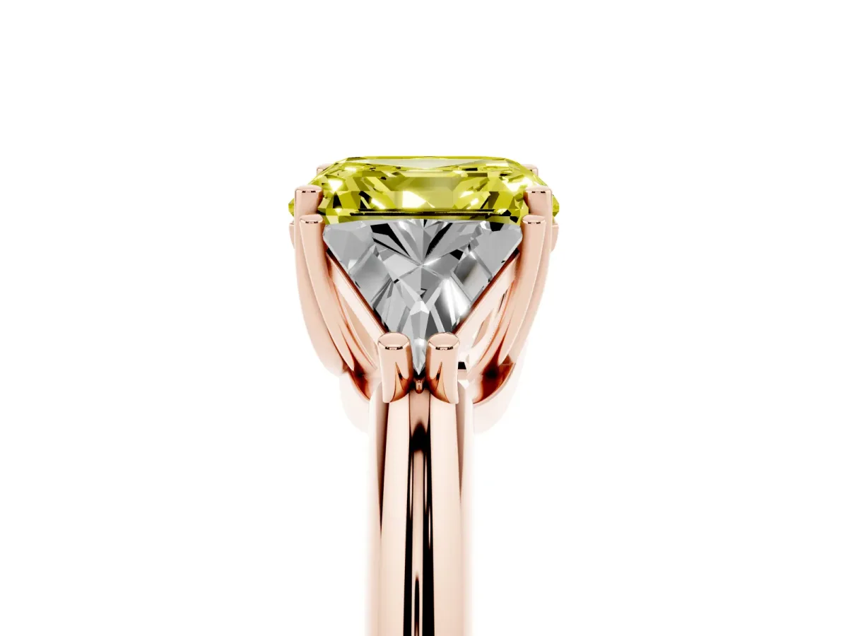 Fancy Yellow Three-Stone Asscher Cut Diamond Engagement Ring with Trillion Side Stones and Prong Setting Rose gold