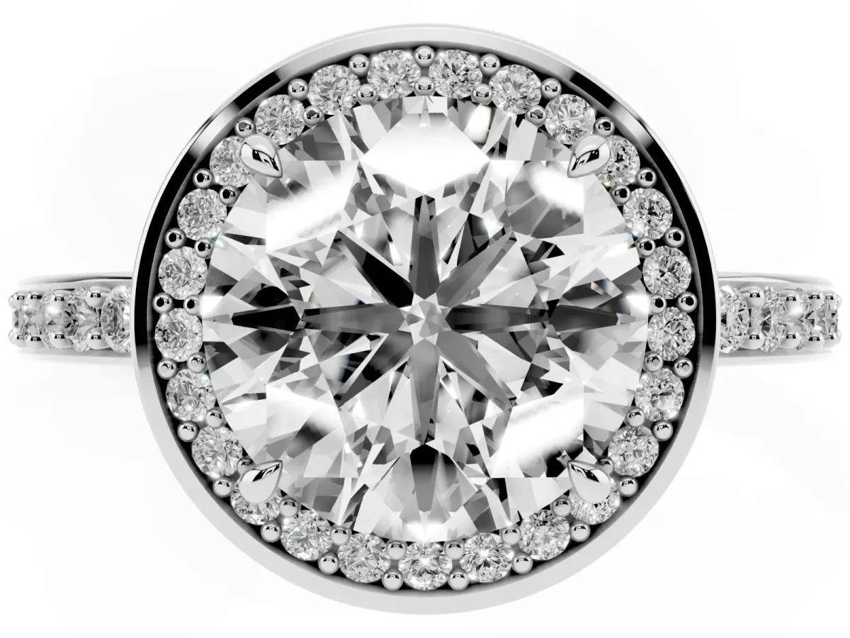 Round Cut Halo Pave Band Solitaire Ring with Prong Setting Silver