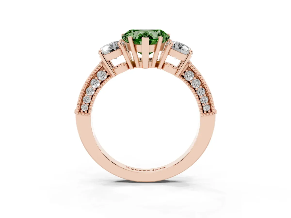 Fancy Green Heart Cut Three-Stone Diamond Ring with Pavé Band and Four-Prong Setting Rose gold
