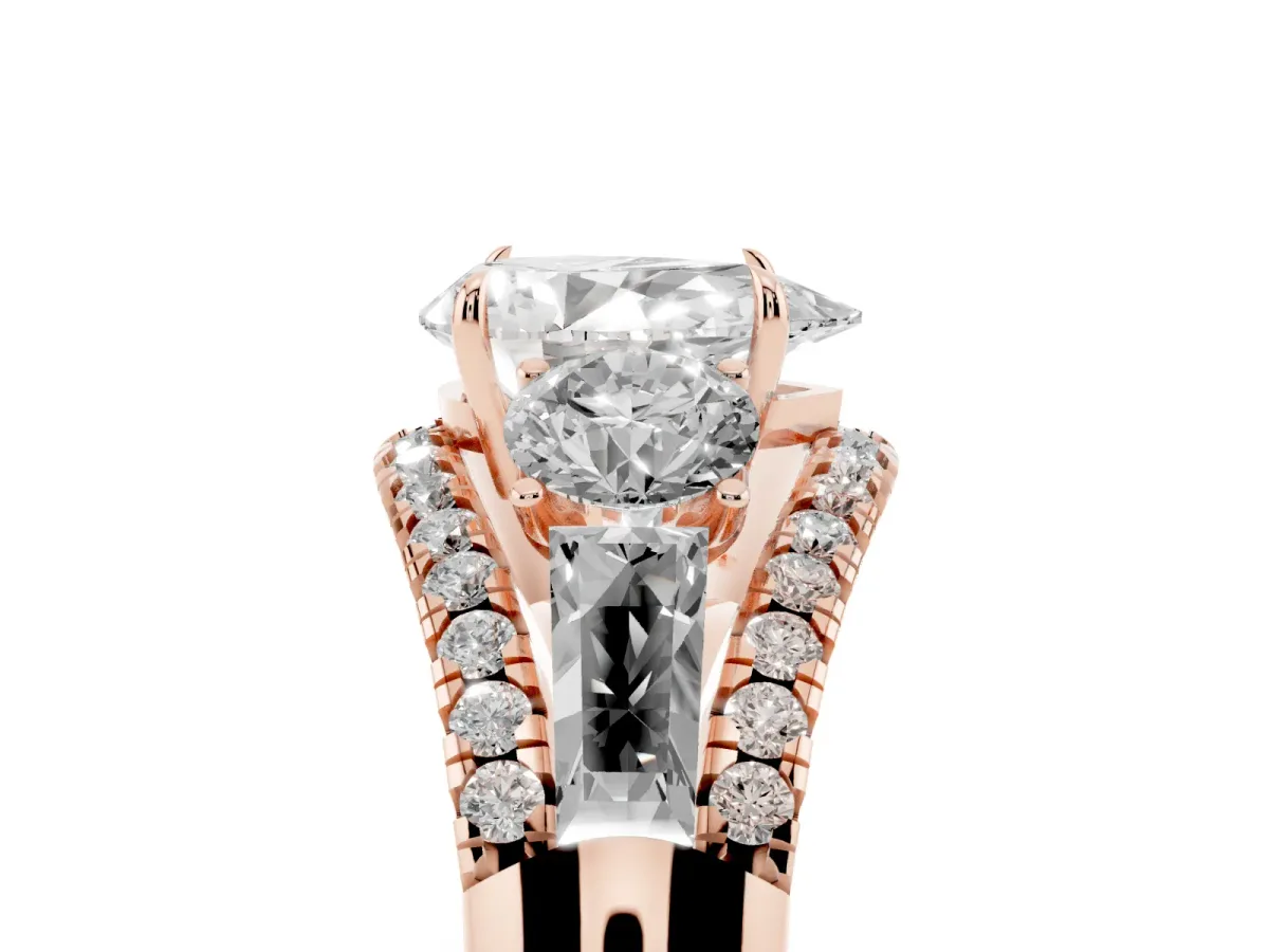 Three-Stone Pear Cut Diamond Engagement Ring with Pave Band and Prong Setting Rose gold