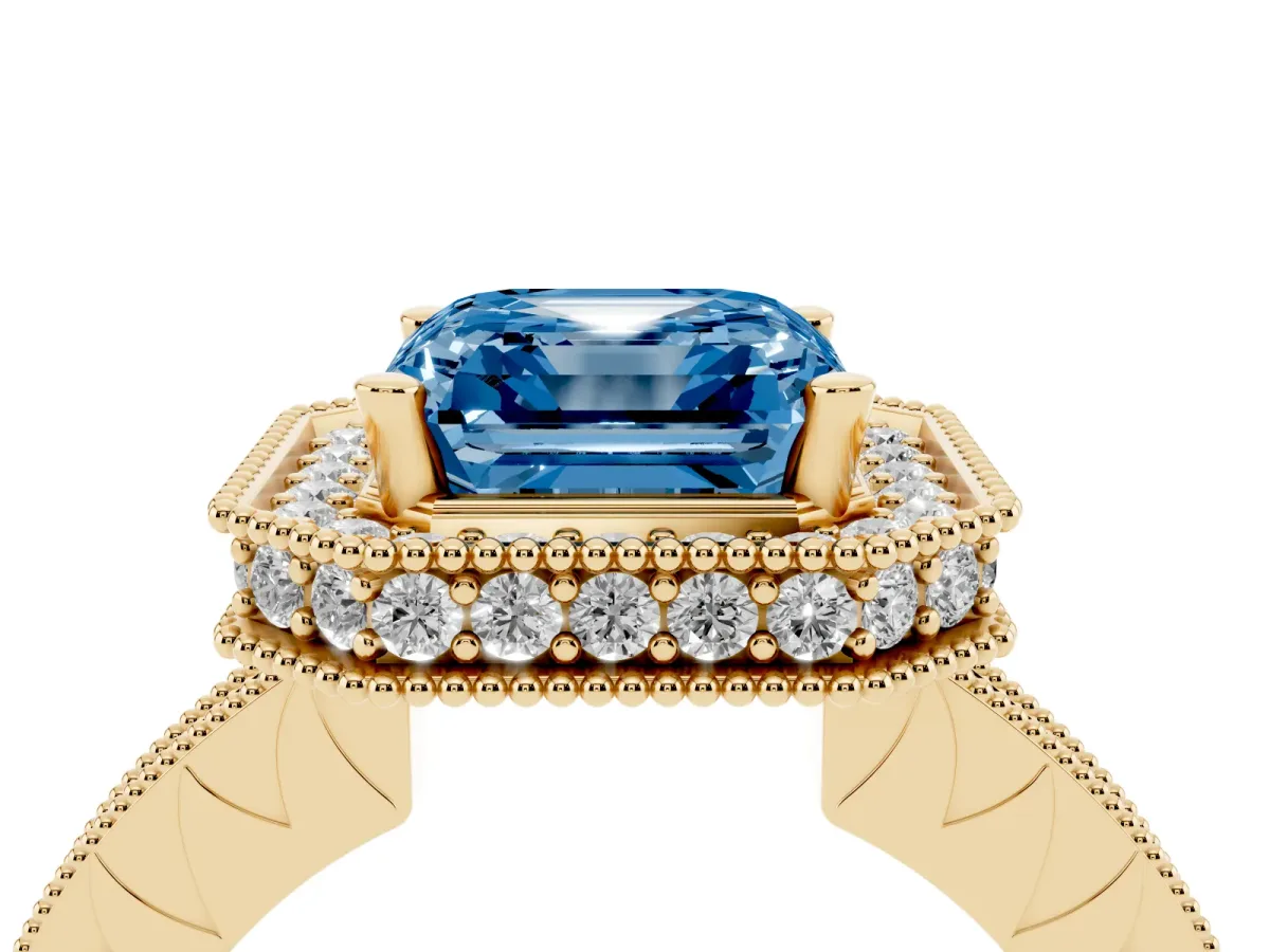 Fancy Blue Asscher Cut Diamond Milgrain Halo Engagement Ring with Round Pavé Band and Prong Setting Yellow gold