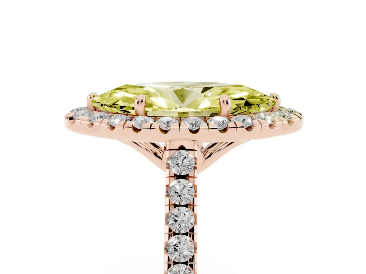Fancy Yellow Marquise Cut Halo Pavé Diamond Engagement Ring with Four-Prong Setting Rose gold