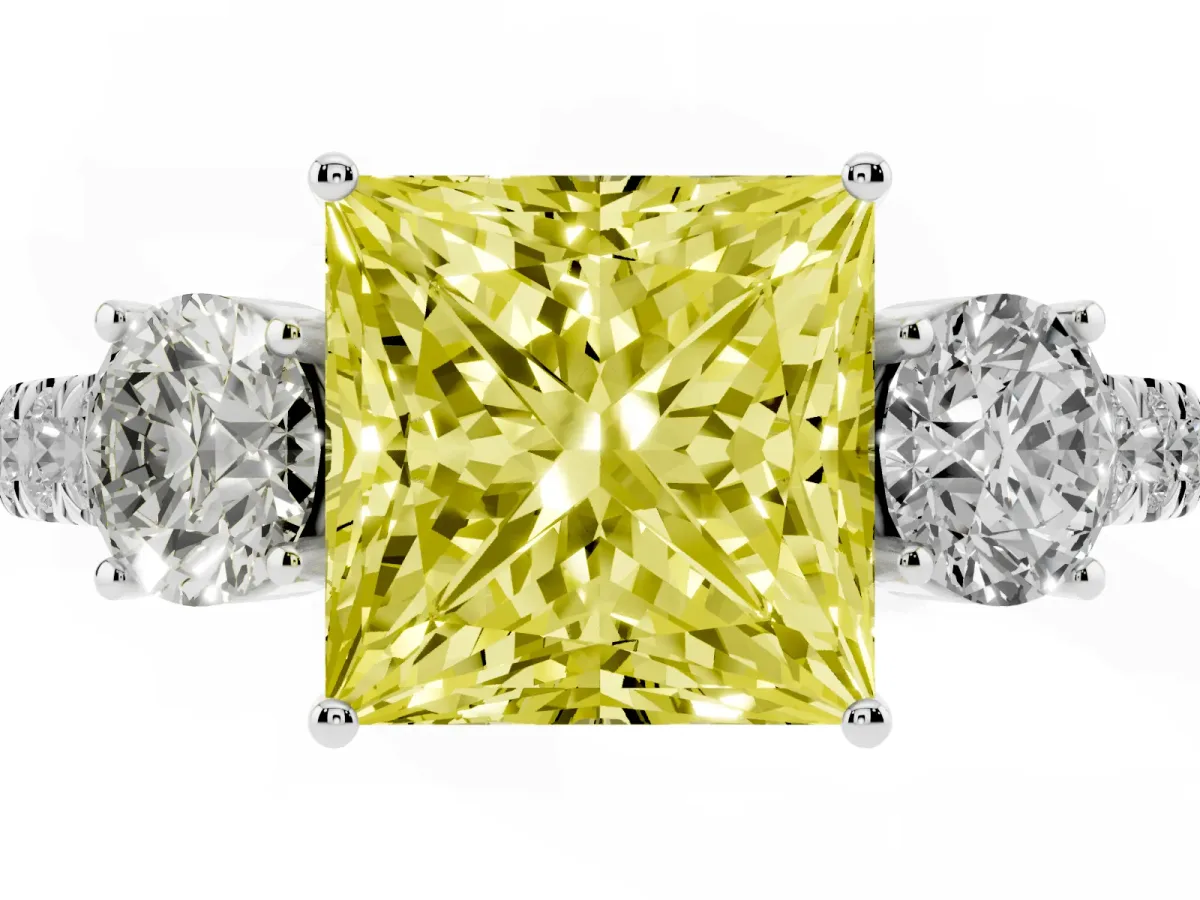 Fancy Yellow Princess Cut Cut Diamond Three-Stone Ring with Round Side Stones and Pavé Band Silver