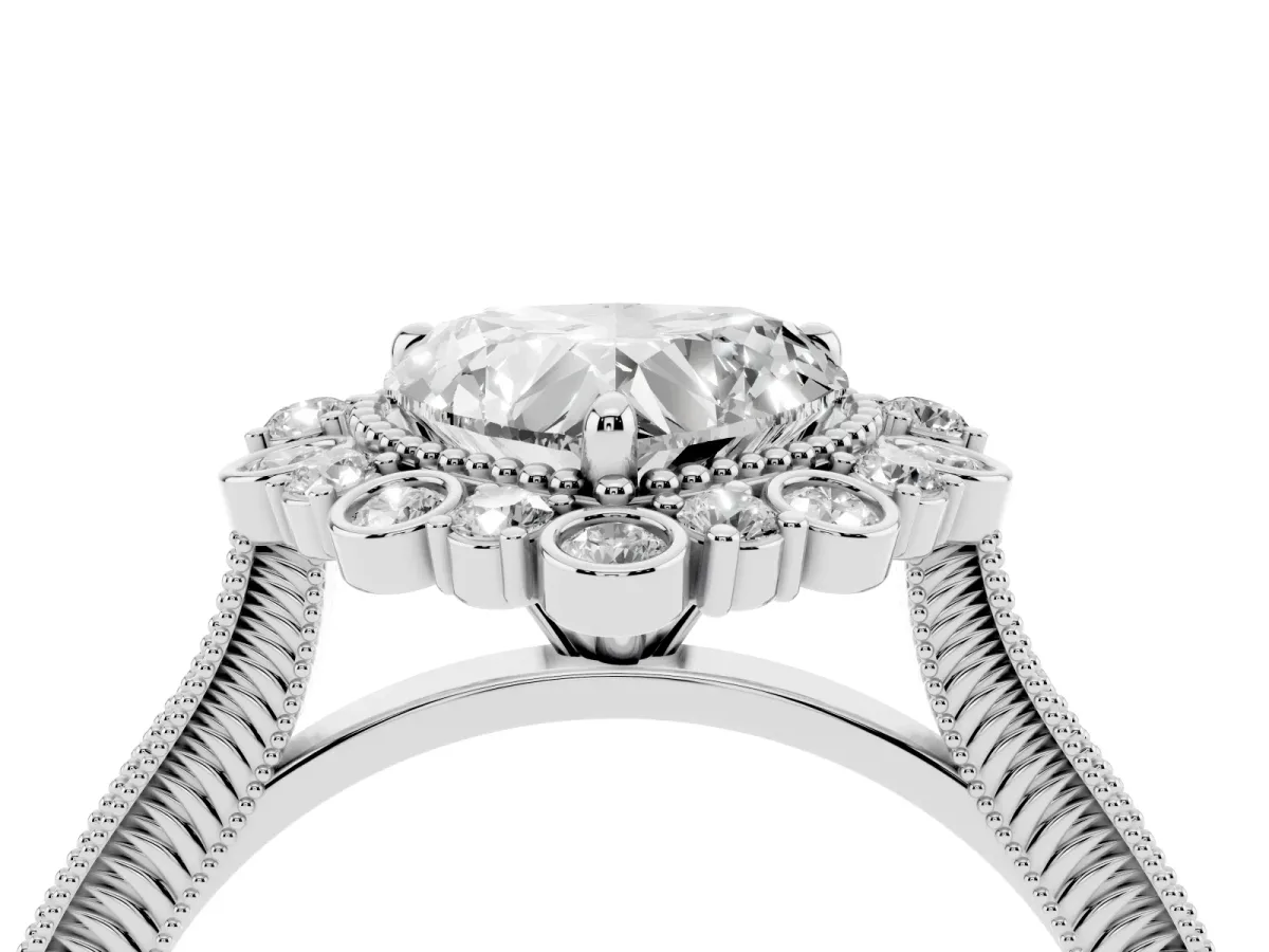 Heart Cut Halo Milgrain Pave Diamond Ring with Four-Prong Setting Silver