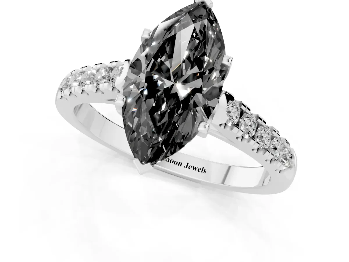 Fancy Black Marquise Cut Diamond Pavé Band Solitaire Ring with Prong Setting Silver