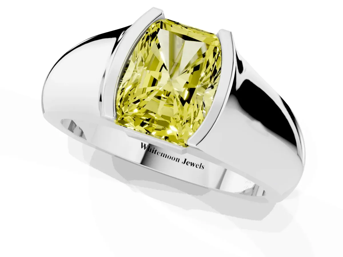 Fancy Yellow Radiant Cut Solitaire Bezel Set Diamond Ring with Wide Band Silver