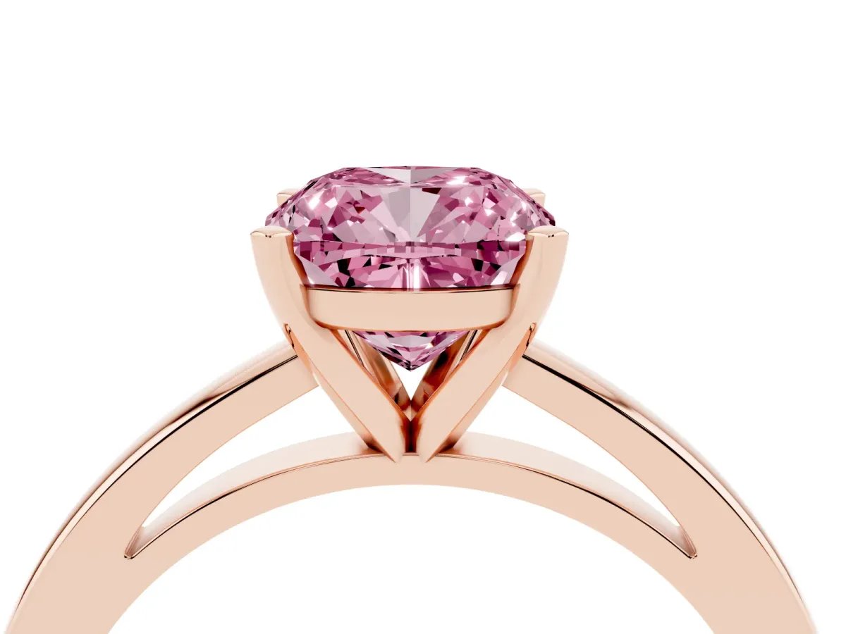 Fancy Pink Cushion Cut Solitaire Diamond Engagement Ring with Four-Prong Setting on a Classic Band Rose gold
