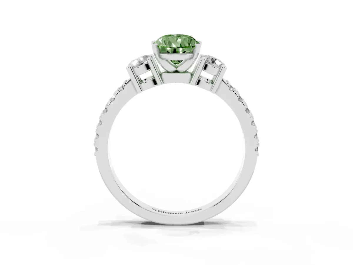 Fancy Green Pear Cut Three-Stone Diamond Pavé Band with Prong Setting Silver