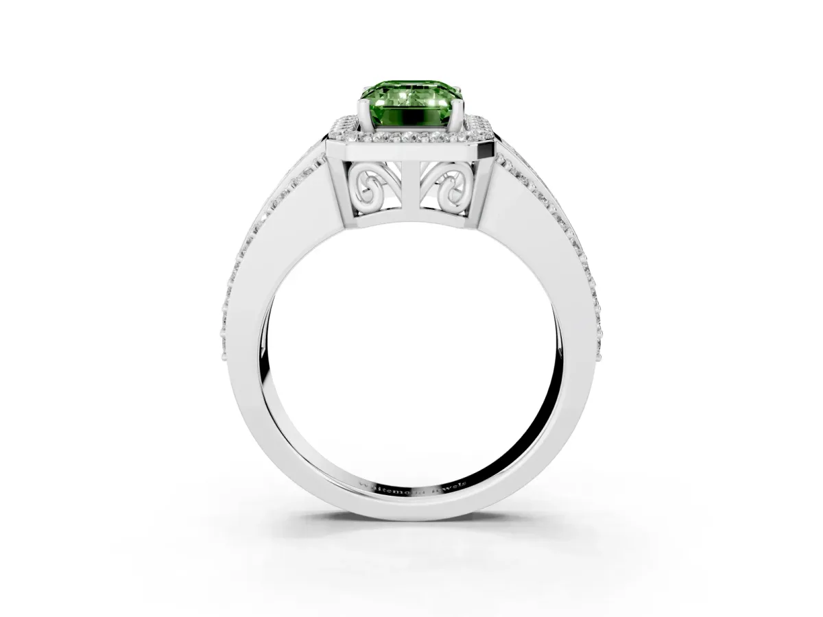 Fancy Green Emerald Cut Halo Diamond Ring with Round Split Shank and Prong Setting Silver