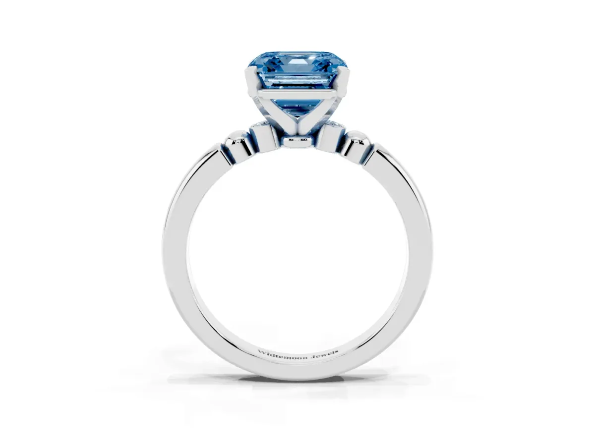 Fancy Blue Asscher Cut Solitaire Beaded Band with Four-Prong Setting Platinum