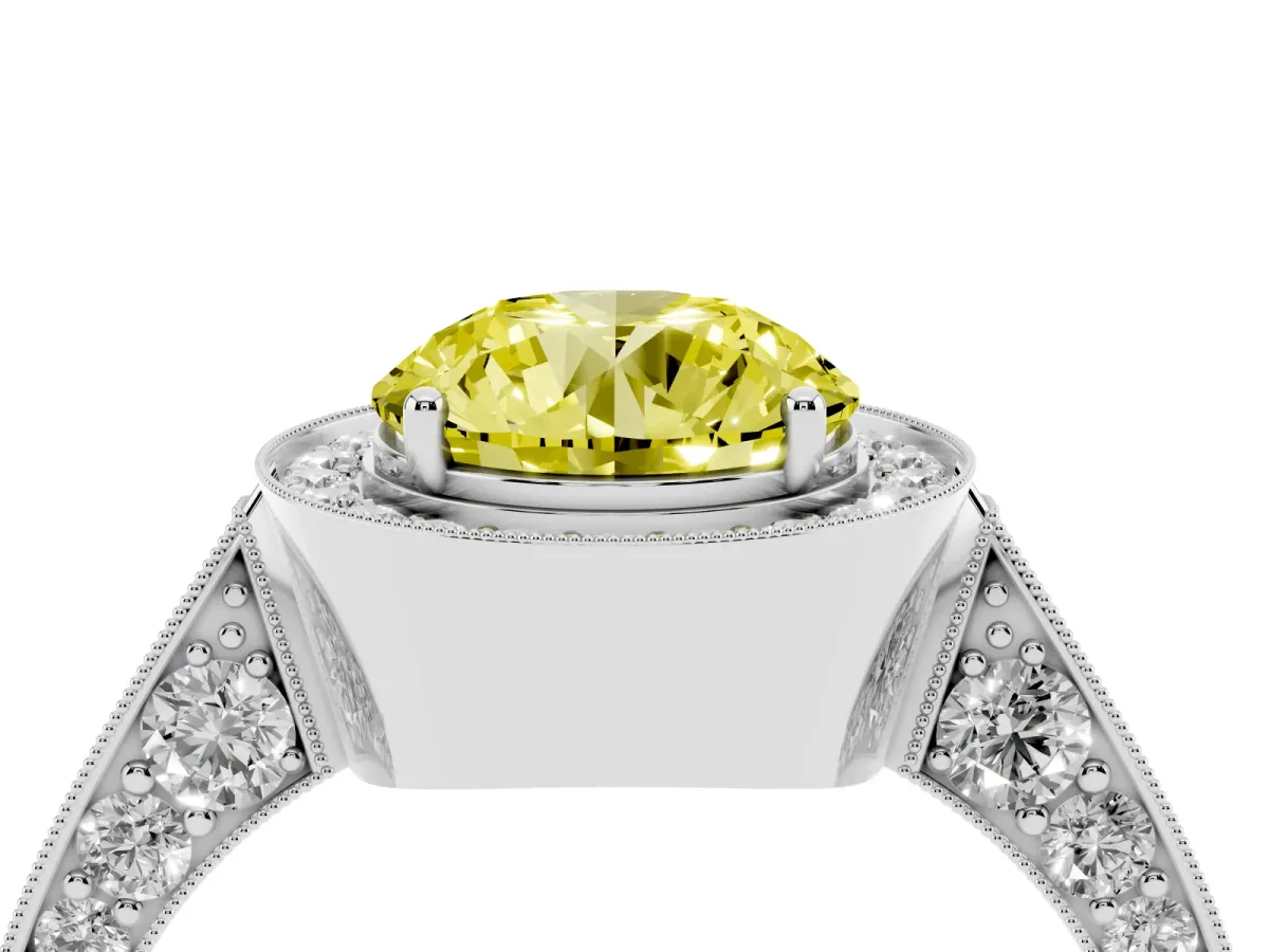 Fancy Yellow Round Cut Halo Diamond Engagement Ring with Split Shank Band and Four-Prong Setting Platinum