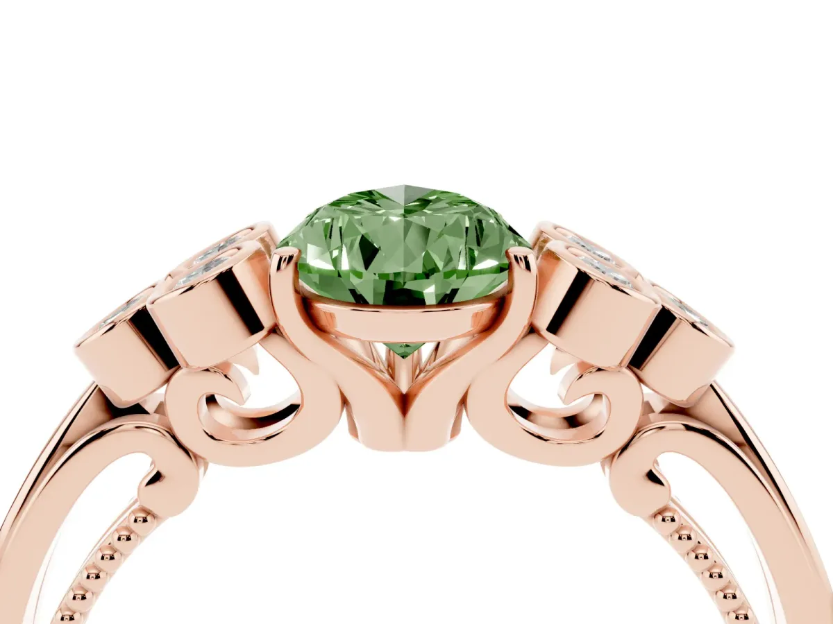 Fancy Green Pear Cut Cut Diamond Engagement Ring with Bezel Set Round Side Stones and Prong Setting Rose gold