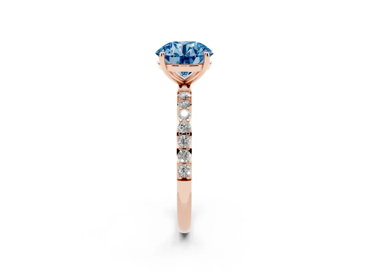 Fancy Blue Round Cut Diamond Solitaire Ring with Round Pavé Shoulders and Prong Setting Rose gold